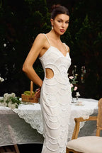 White Evening Midi Dress with Sequins Women UK – Wedding Guest Cocktail Evening Gown, Formal Occasion