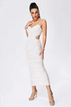 White Evening Midi Dress with Sequins Women UK – Wedding Guest Cocktail Evening Gown, Formal Occasion
