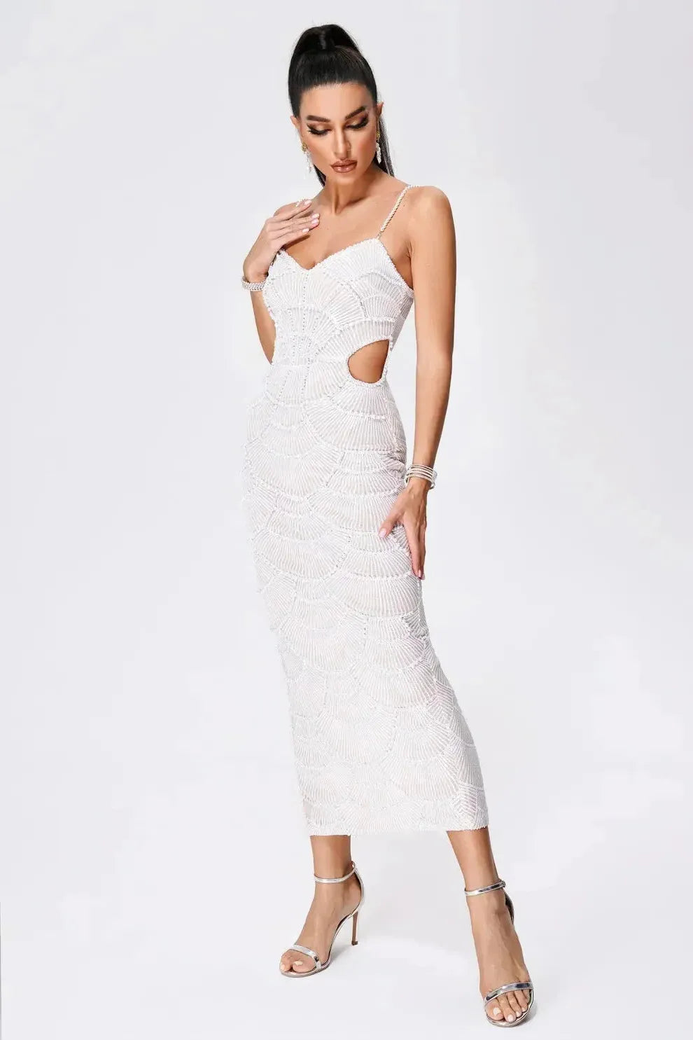 White Evening Midi Dress with Sequins Women UK – Wedding Guest Cocktail Evening Gown, Formal Occasion