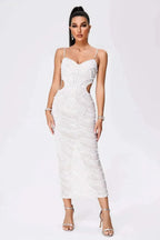 White Evening Midi Dress with Sequins Women UK – Wedding Guest Cocktail Evening Gown, Formal Occasion