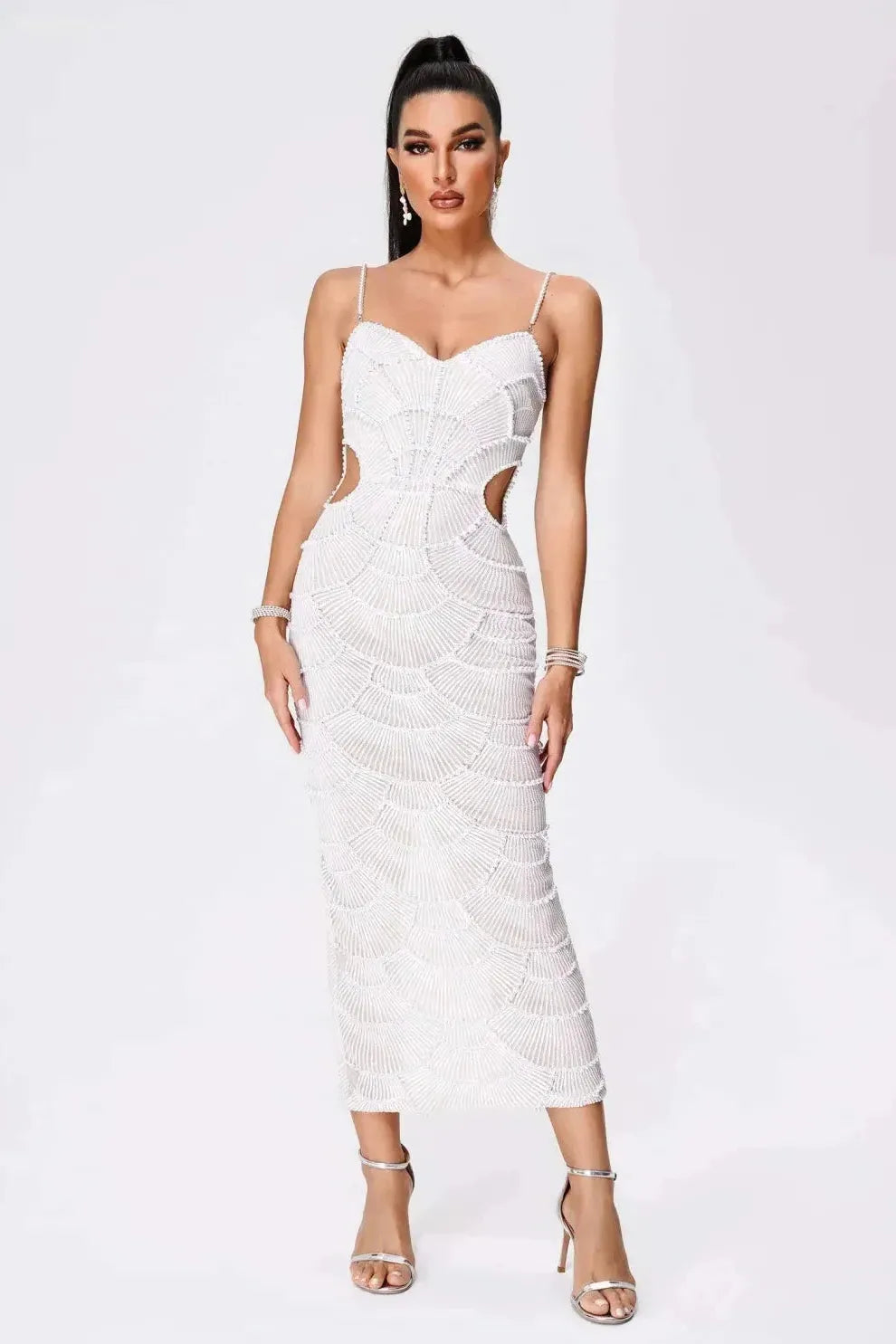 White Evening Midi Dress with Sequins Women UK – Wedding Guest Cocktail Evening Gown, Formal Occasion
