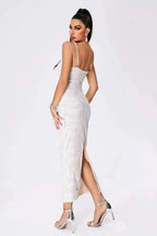 White Evening Midi Dress with Sequins Women UK – Wedding Guest Cocktail Evening Gown, Formal Occasion