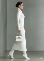 White Knitted Polo Neck Midi Dress Women UK – Wedding Guest Garden Party Evening Gown, Cocktail Attire