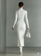 White Knitted Polo Neck Midi Dress Women UK – Wedding Guest Garden Party Evening Gown, Cocktail Attire