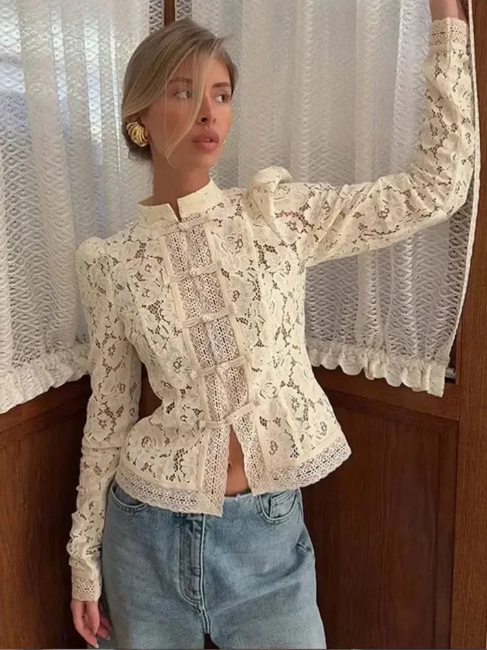 White Lace Blouse for Women UK – Stand-Up Collar Long Sleeve Top, Office Smart Casual Brunch