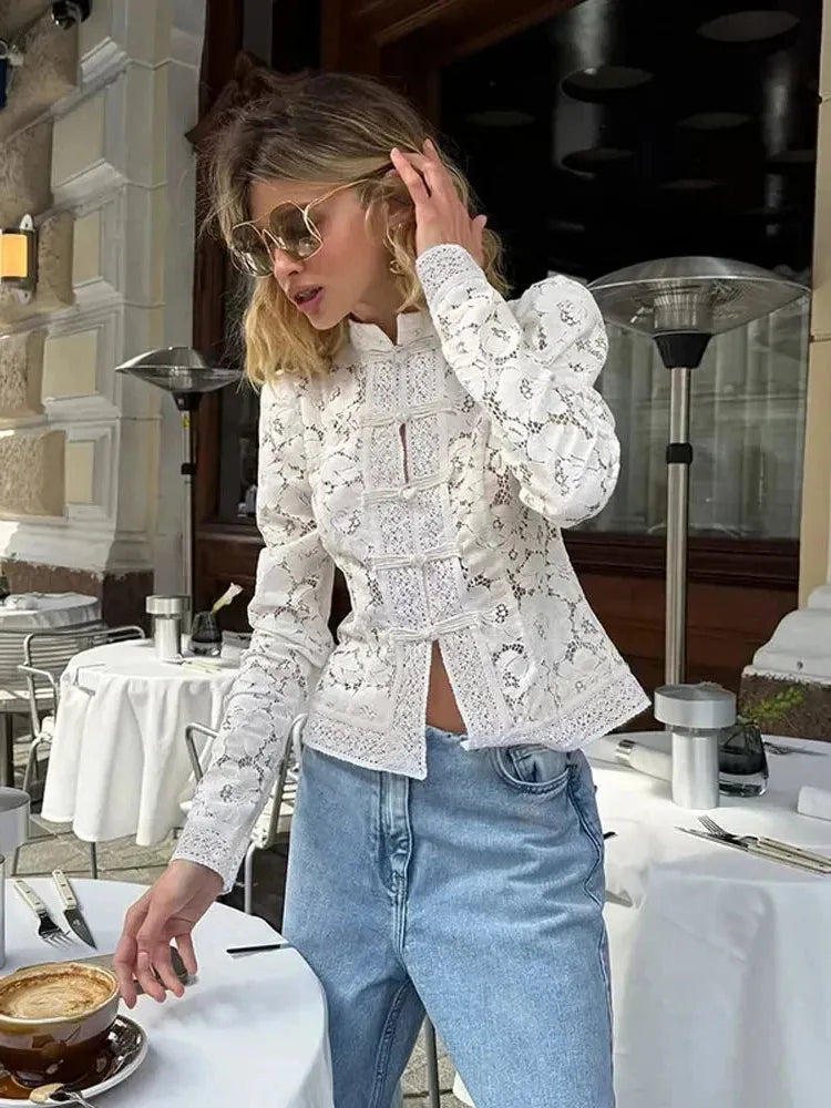 White Lace Blouse for Women UK – Stand-Up Collar Long Sleeve Top, Office Smart Casual Brunch