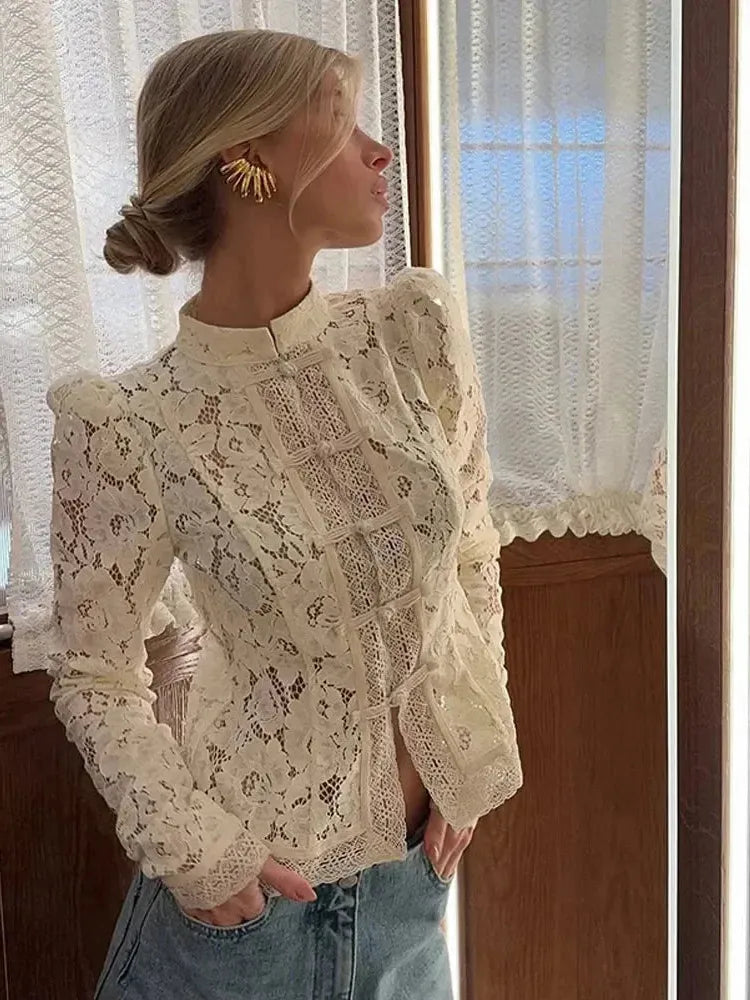 White Lace Blouse for Women UK – Stand-Up Collar Long Sleeve Top, Office Smart Casual Brunch