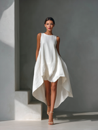 White Linen Sleeveless Midi Dress with Round Neck and Asymmetric Hem for Women