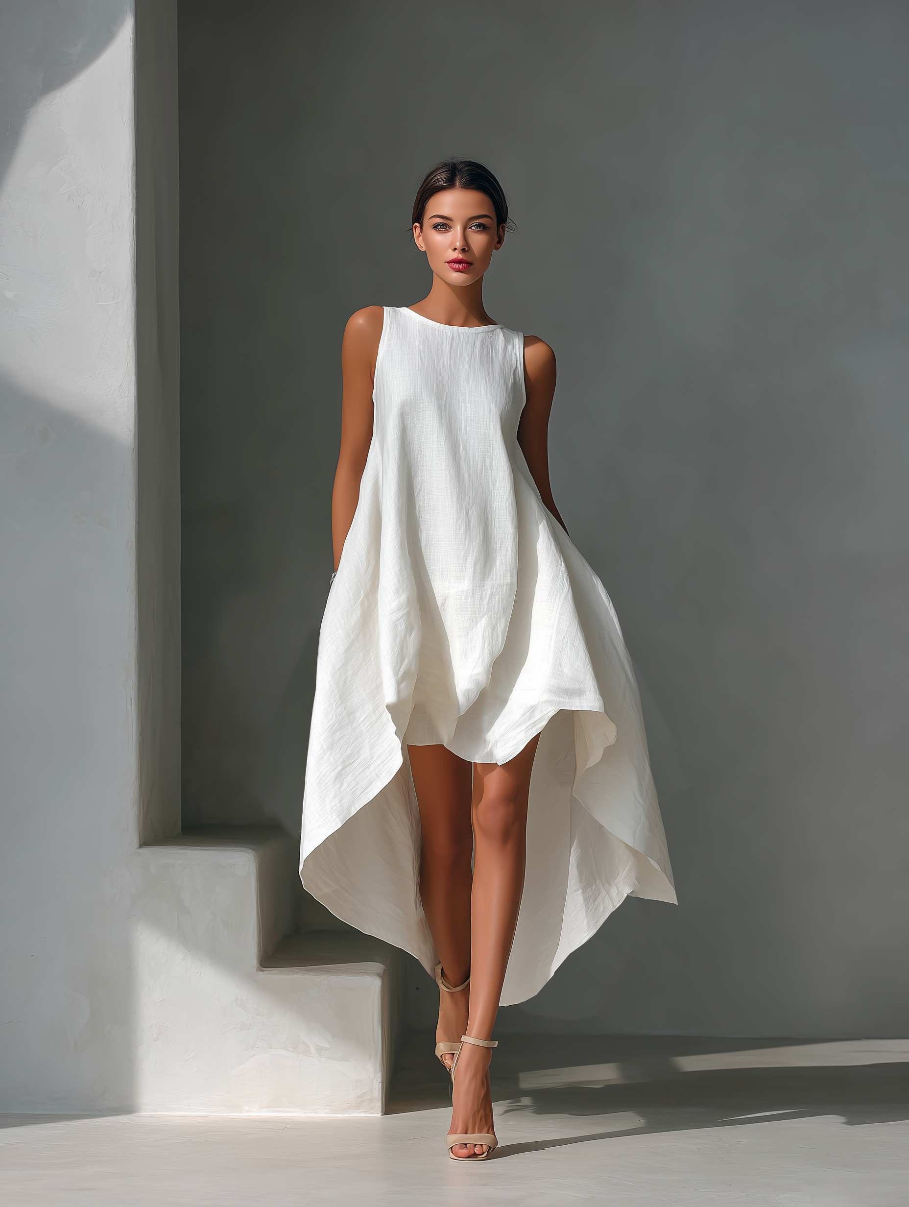 White Linen Sleeveless Midi Dress with Round Neck and Asymmetric Hem for Women