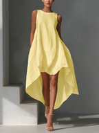White Linen Sleeveless Midi Dress with Round Neck and Asymmetric Hem for Women