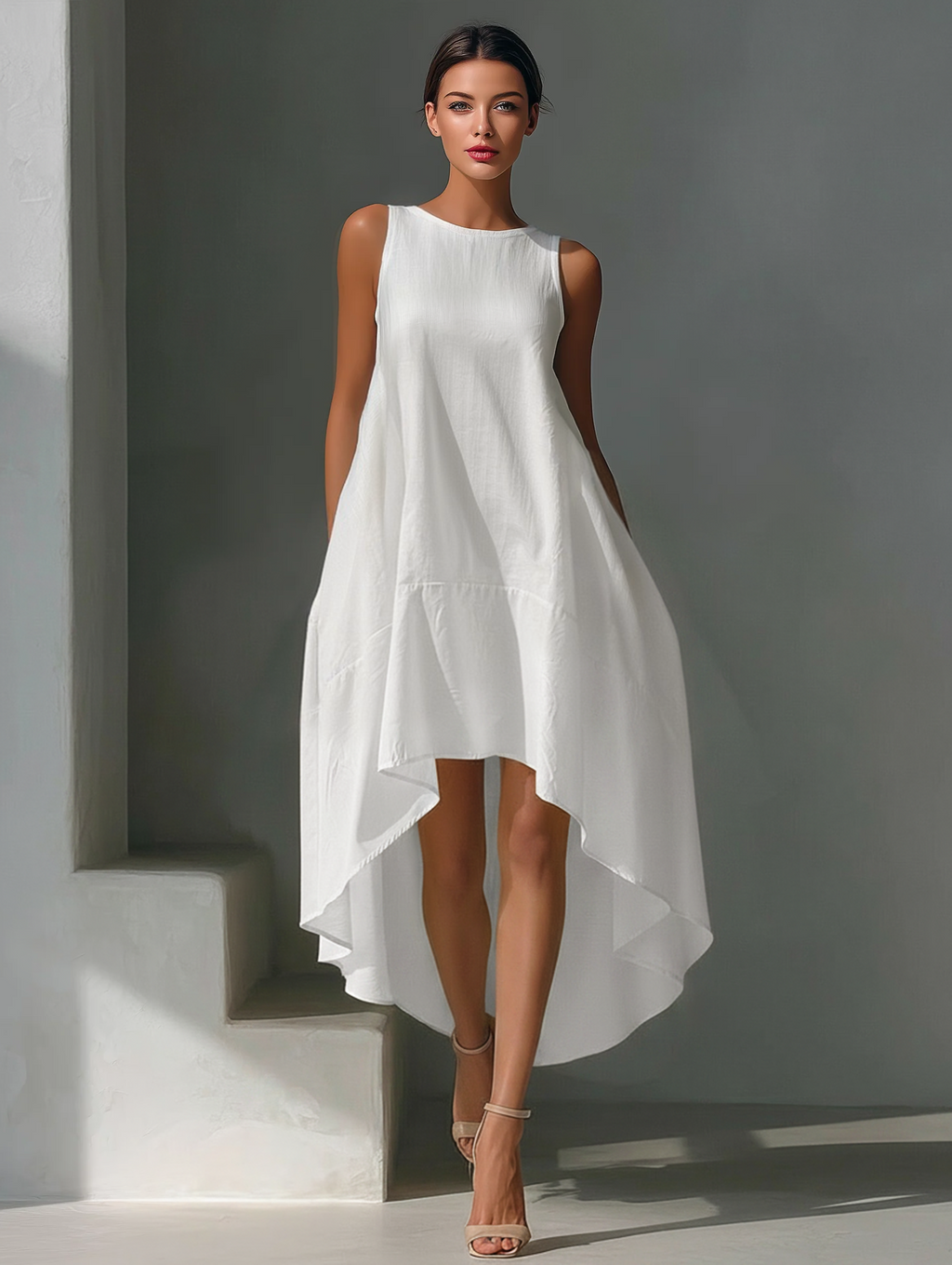 White Linen Sleeveless Midi Dress with Round Neck and Asymmetric Hem for Women