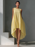 White Linen Sleeveless Midi Dress with Round Neck and Asymmetric Hem for Women