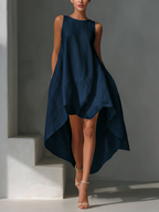 White Linen Sleeveless Midi Dress with Round Neck and Asymmetric Hem for Women