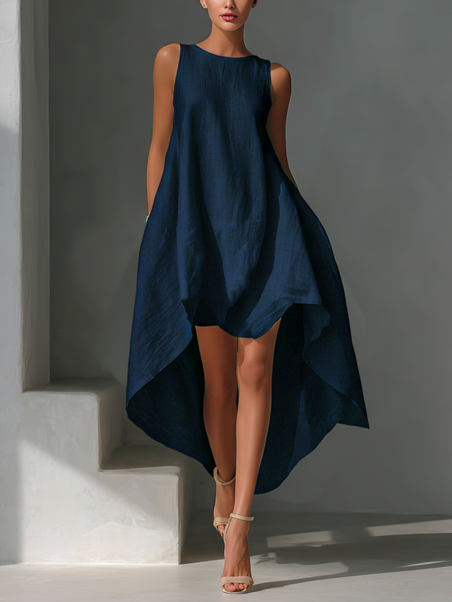 White Linen Sleeveless Midi Dress with Round Neck and Asymmetric Hem for Women