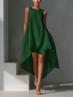 White Linen Sleeveless Midi Dress with Round Neck and Asymmetric Hem for Women