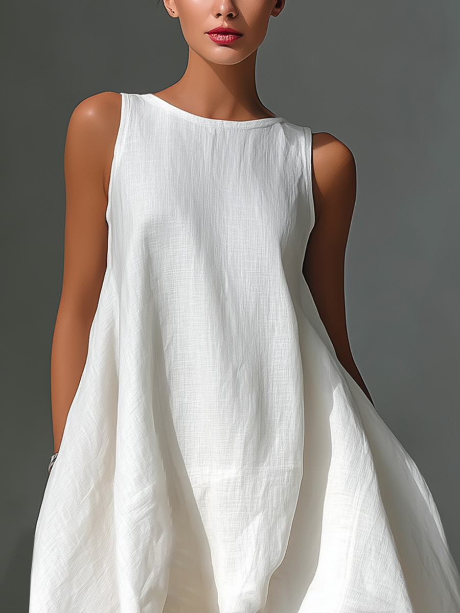 White Linen Sleeveless Midi Dress with Round Neck and Asymmetric Hem for Women