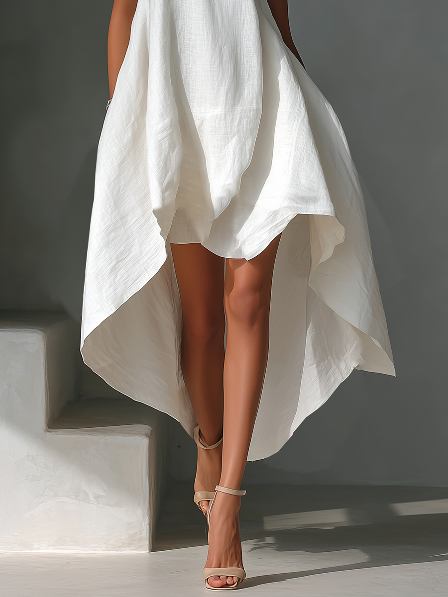 White Linen Sleeveless Midi Dress with Round Neck and Asymmetric Hem for Women