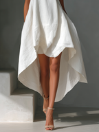White Linen Sleeveless Midi Dress with Round Neck and Asymmetric Hem for Women