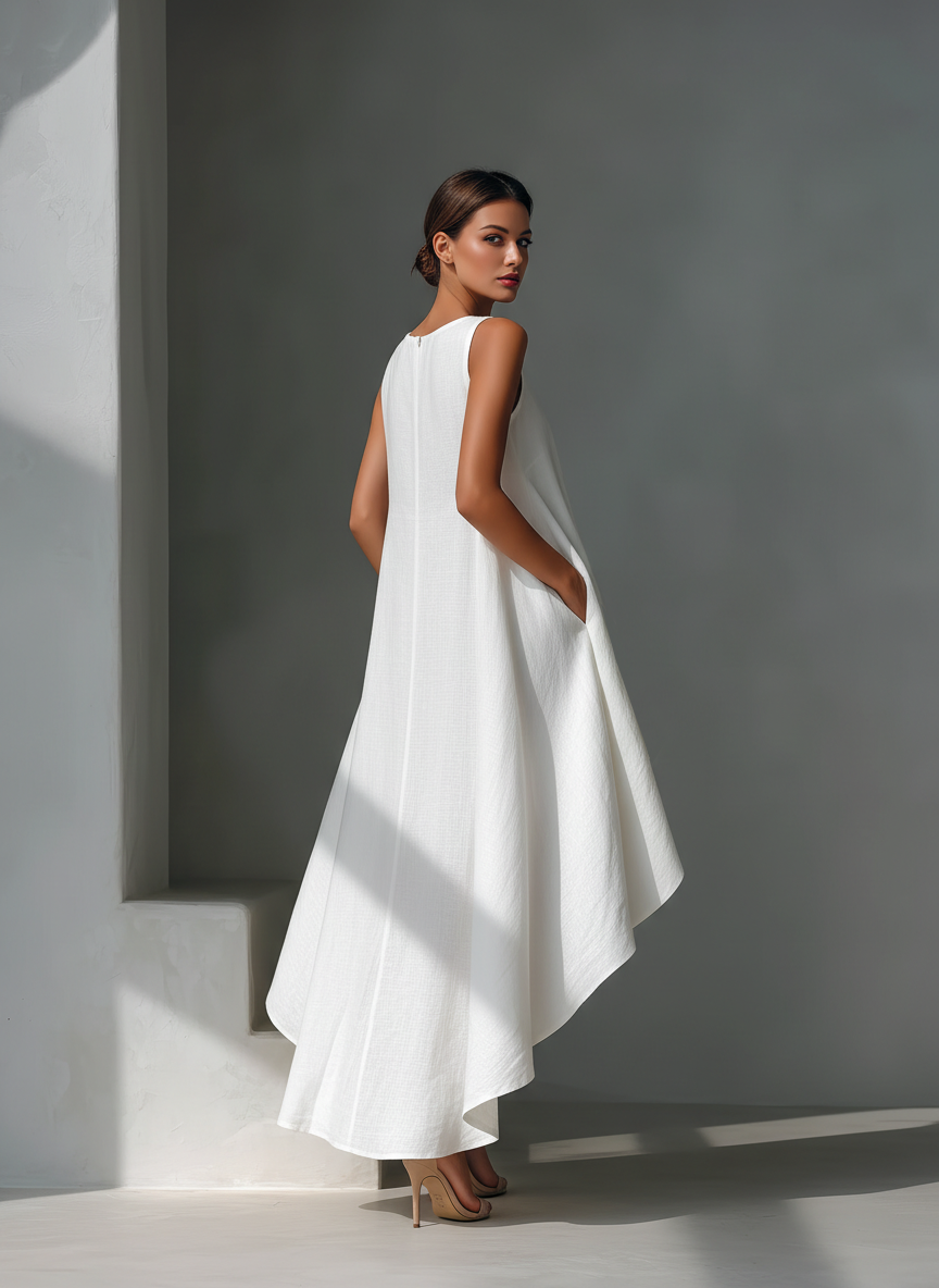 White Linen Sleeveless Midi Dress with Round Neck and Asymmetric Hem for Women