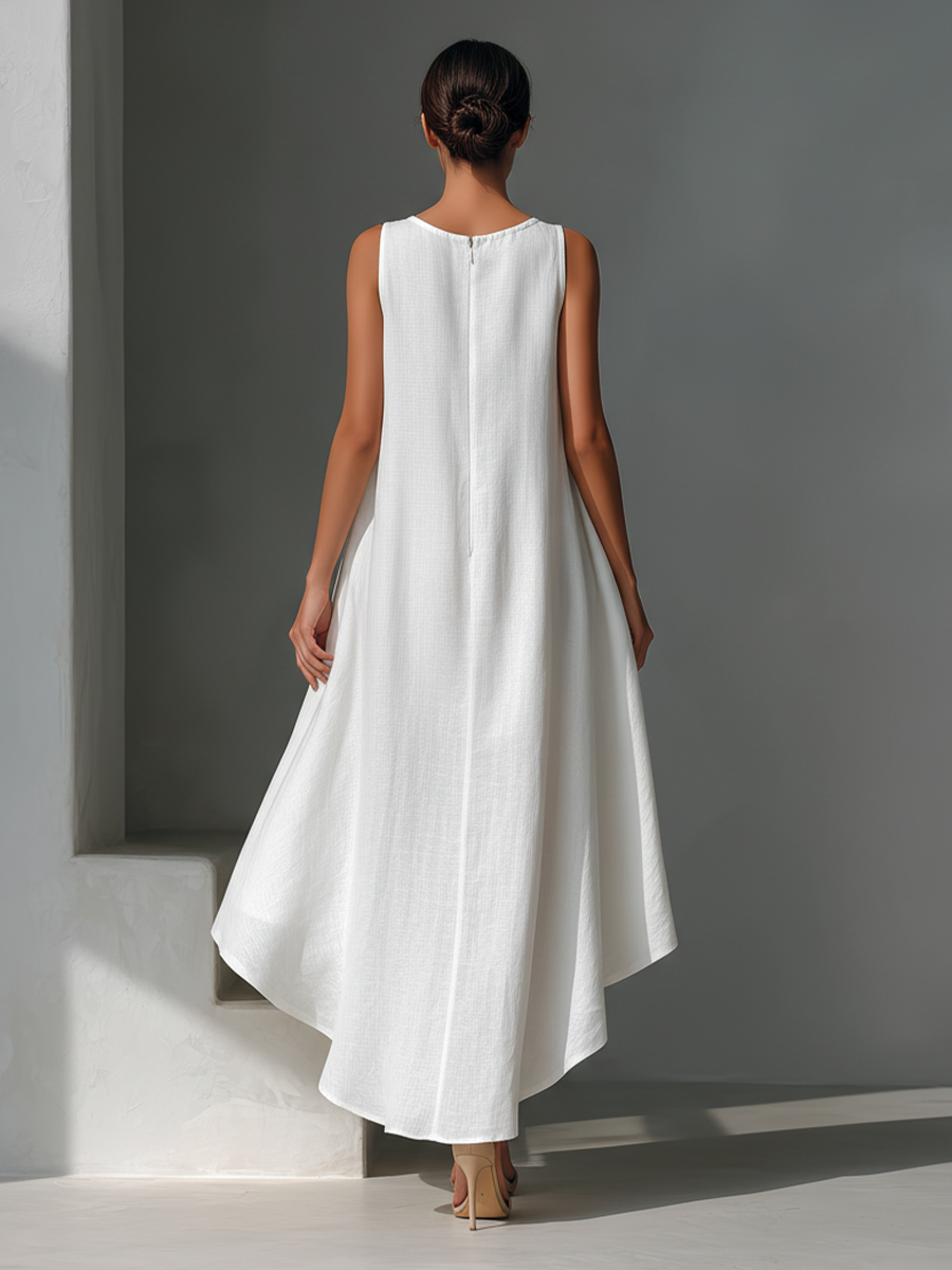 White Linen Sleeveless Midi Dress with Round Neck and Asymmetric Hem for Women