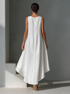 White Linen Sleeveless Midi Dress with Round Neck and Asymmetric Hem for Women