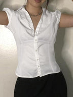 White Vintage Slim Fit V Neck Short Sleeve Shirt for Casual Wear