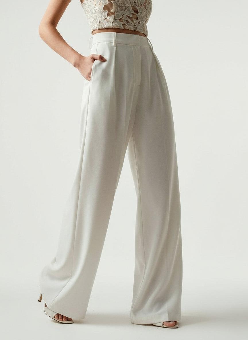 Wide Leg Tailored Trousers for Women - High Waist Smart Office Pants