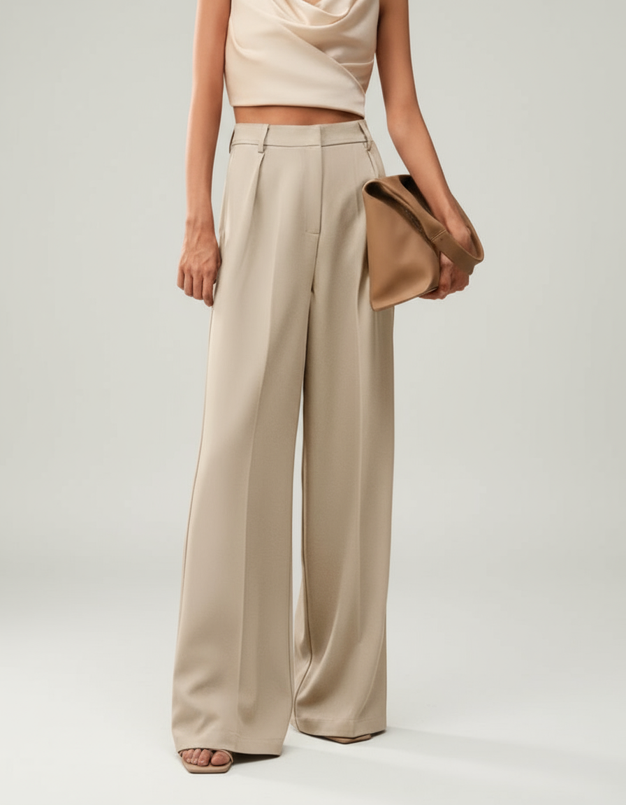 Wide Leg Tailored Trousers for Women - High Waist Smart Office Pants