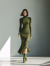 Women's Army Green Stretch Knit High Neck Pleated Maxi Dress for Casual Wear