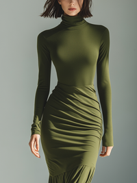 Women's Army Green Stretch Knit High Neck Pleated Maxi Dress for Casual Wear