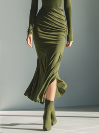 Women's Army Green Stretch Knit High Neck Pleated Maxi Dress for Casual Wear