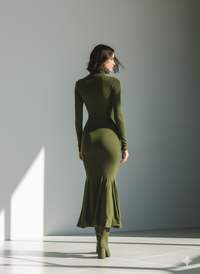 Women's Army Green Stretch Knit High Neck Pleated Maxi Dress for Casual Wear