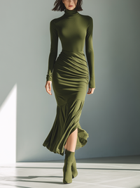 Women's Army Green Stretch Knit High Neck Pleated Maxi Dress for Casual Wear