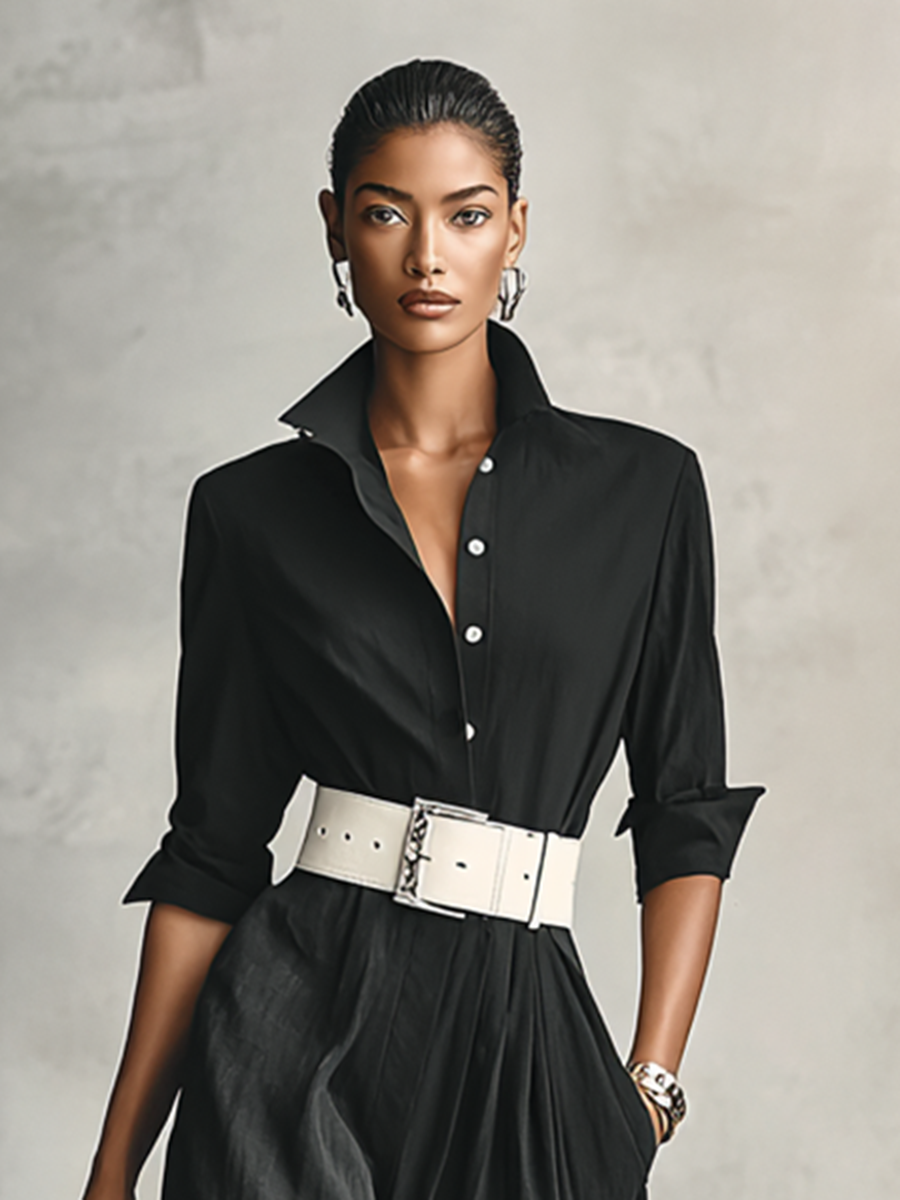 Women's Belted Lapel Jumpsuit - Long Sleeve, Single Breasted, Casual Wear