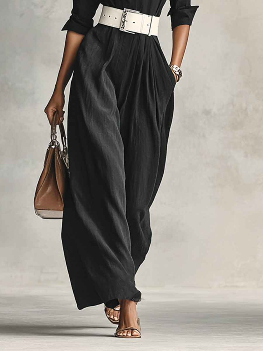 Women's Belted Lapel Jumpsuit - Long Sleeve, Single Breasted, Casual Wear