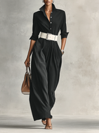 Women's Belted Lapel Jumpsuit - Long Sleeve, Single Breasted, Casual Wear