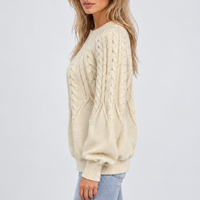 Women’s Cable Knit Sweater with Balloon Sleeves – Casual, Office