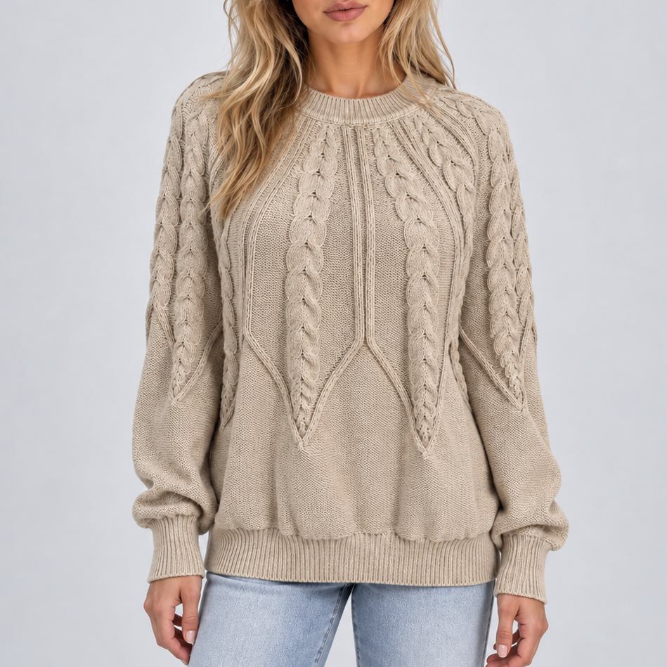 Women’s Cable Knit Sweater with Balloon Sleeves – Casual, Office