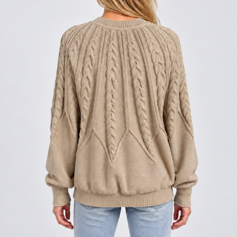 Women’s Cable Knit Sweater with Balloon Sleeves – Casual, Office