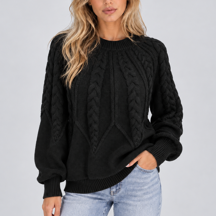 Women’s Cable Knit Sweater with Balloon Sleeves – Casual, Office