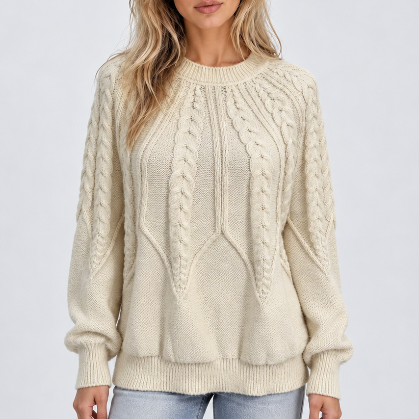 Women’s Cable Knit Sweater with Balloon Sleeves – Casual, Office
