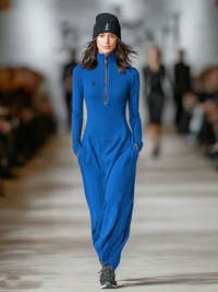 Women's Cotton Blend Maxi Dress with Half-High Collar and Zipper for Sports