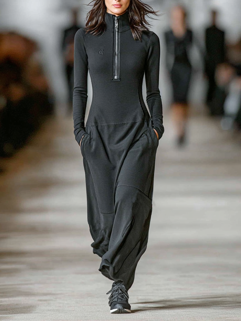 Women's Cotton Blend Maxi Dress with Half-High Collar and Zipper for Sports