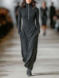Women's Cotton Blend Maxi Dress with Half-High Collar and Zipper for Sports