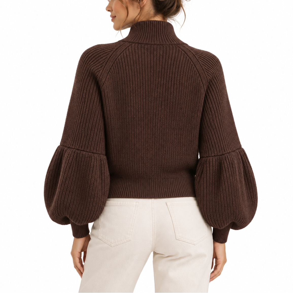 Women’s Cropped Knit Cardigan with Puff Sleeves – Casual, Office