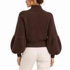 Women’s Cropped Knit Cardigan with Puff Sleeves – Casual, Office