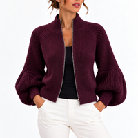 Women’s Cropped Knit Cardigan with Puff Sleeves – Casual, Office