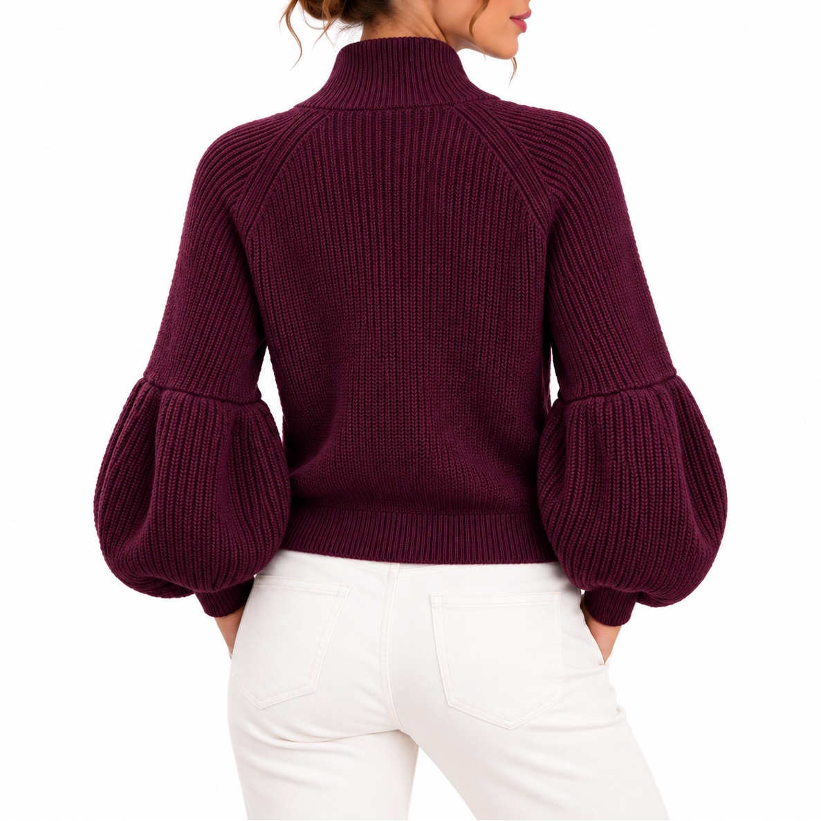 Women’s Cropped Knit Cardigan with Puff Sleeves – Casual, Office