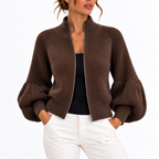 Women’s Cropped Knit Cardigan with Puff Sleeves – Casual, Office