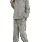 Women's Fleece Loungewear Set with Shawl Collar Hoodie & Trousers – Casual, Relaxing